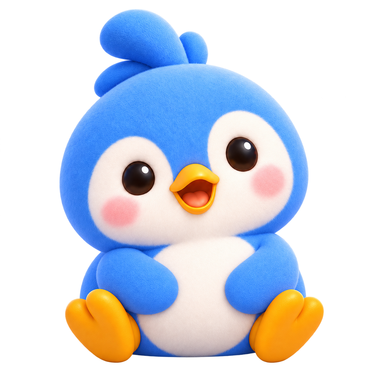 Milo, l'oiseau bleu de Lève!, assis et souriant